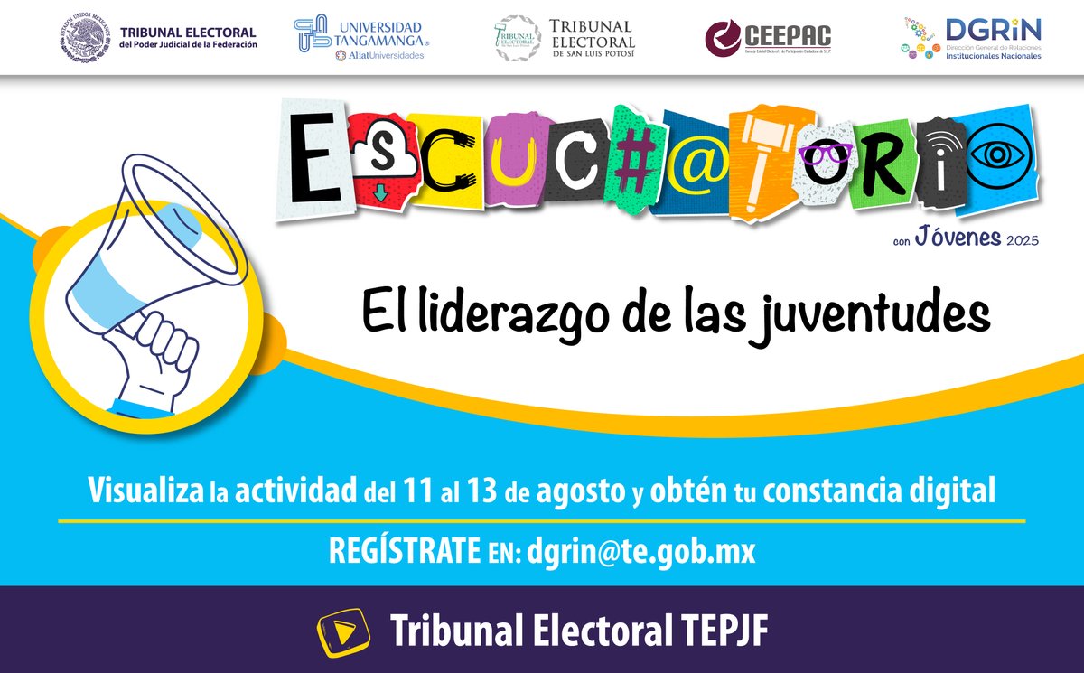 TEPJF (@tepjf_informa) on Twitter photo Te invitamos a ver el "Escuchatorio: El liderazgo de las juventudes", realizado en la UTAN, Campus Saucito.
📨Regístrate en: dgrin@te.gob.mx
▶️Disponible en nuestro canal de YouTube en este enlace: youtu.be/wOIXQZ5j62U?si… Te invitamos a ver el "Escuchatorio: El liderazgo de las juventudes", realizado en la UTAN, Campus Saucito.
📨Regístrate en: dgrin@te.gob.mx
▶️Disponible en nuestro canal de YouTube en este enlace: youtu.be/wOIXQZ5j62U?si…