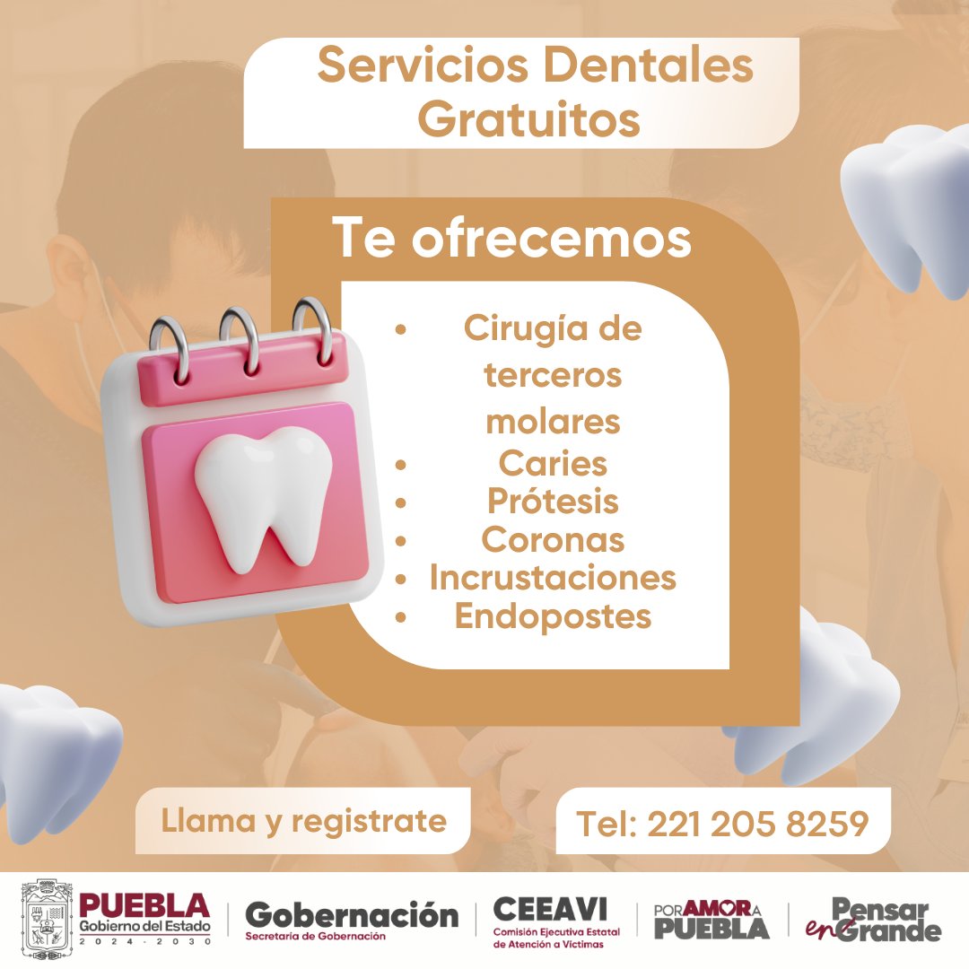 CEEAVIGobPue's tweet photo. #LoQueAmasLoCuidas | Con el objetivo de fortalecer la atención integral a víctimas directas e indirectas, la comisión pone a disposición servicios dentales gratuitos que incluyen: cirugía de terceros molares, tratamiento de caries, prótesis, coronas, incrustaciones y endopostes.

Para agendar una cita o recibir más información, comunícate al 221 205 8259.  Con el respaldo del
@Gob_Puebla

y el liderazgo de nuestra comisionada @LizLizGallegos, reafirmamos nuestro compromiso de garantizar servicios especializados que contribuyan al bienestar y la recuperación de las víctimas.  

#CEEAVIContigo | #AtenciónIntegral | #ServiciosGratuitos