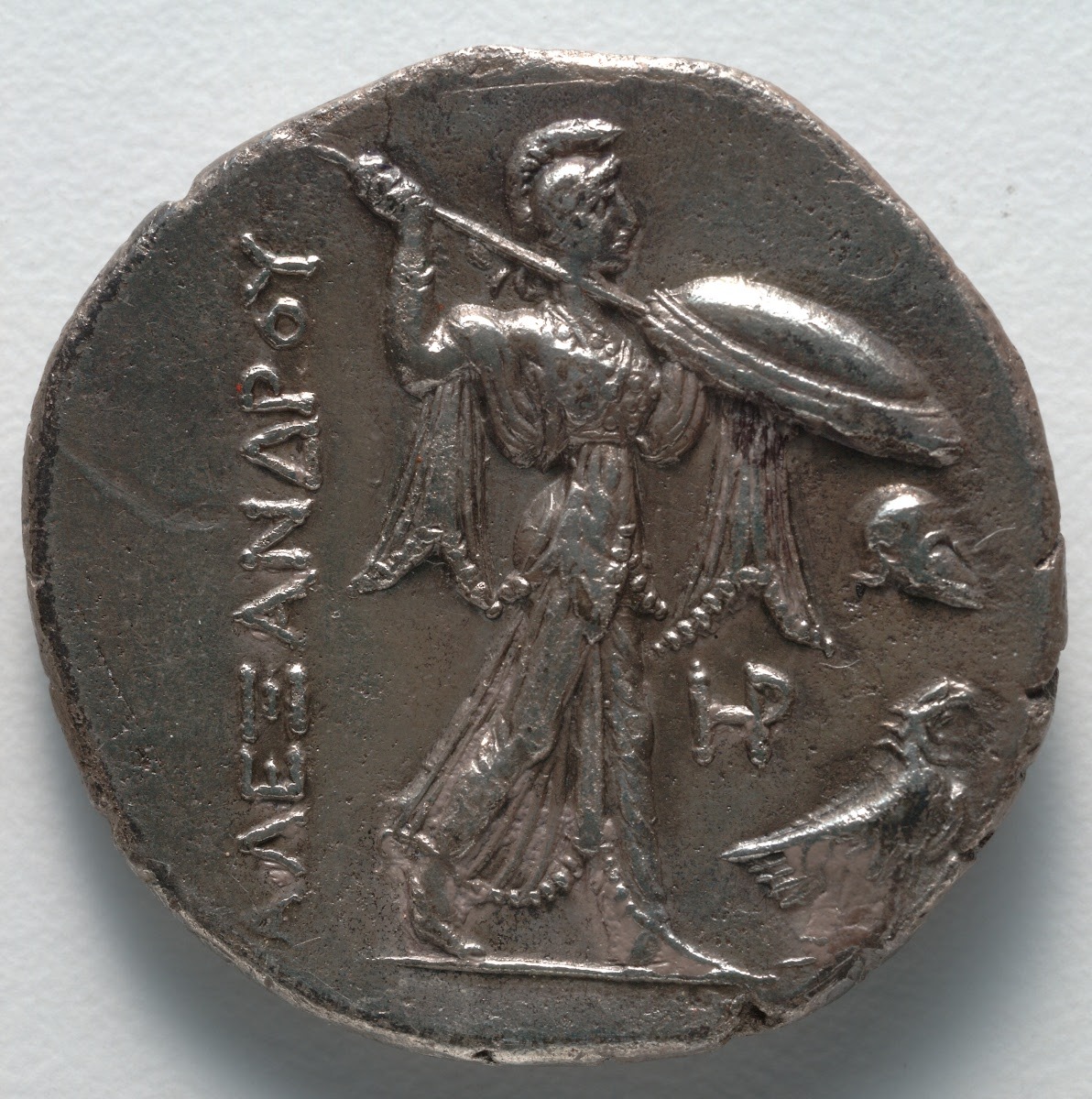 Tetradrachm depicting Athena holding a spear and shield, Greek, 310-305 BC, Cleveland Museum of Art.