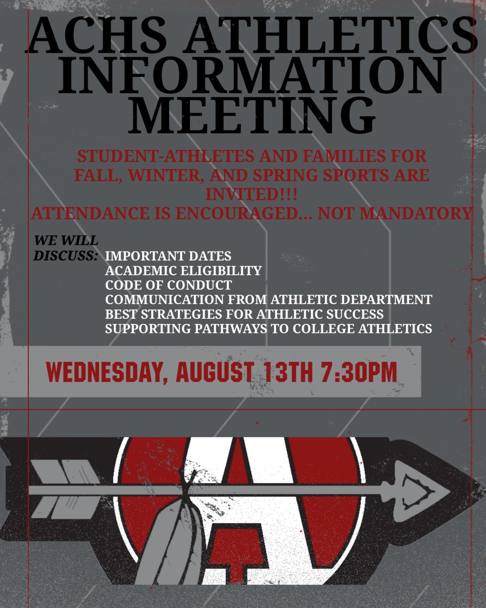 Join us TOMORROW for Athletic Information Night 🗓
📍 ACHS Auditorium
⏰ 7:30 PM

Perfect for first-time athletes &amp; families — get the inside scoop on fall season startup, schedules, registration, and making the most of your ACHS athletic experience.

#ArrowsUp