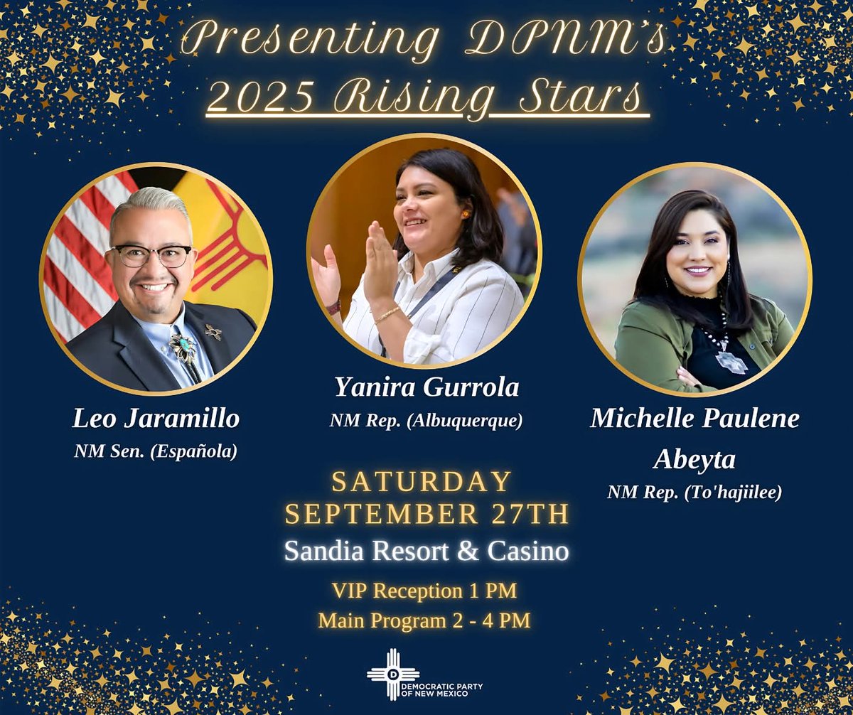 Cue the drumroll 🥁🥁 DPNM is thrilled to announce our 🌟2025 Rising Stars🌟:
⭐NM Representative Yanira Gurrola 
⭐NM Senator Leo Jaramillo 
⭐NM Representative Michelle Paulene Abeyta 

Get your tickets for our annual Rising Star Gala🎟: goodchange.app/donate/2025--58