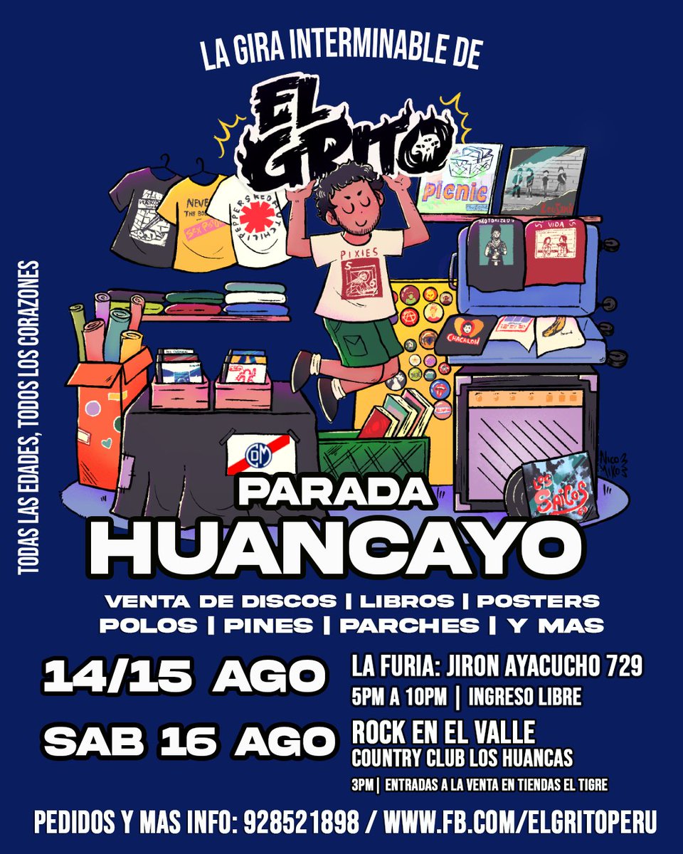 Estos días estamos feriando en #HUANCAYO con toda nuestra merch de música y contracultura. Si conoces algunos amigos de allí, ayúdanos a 📣 pasar la voz!