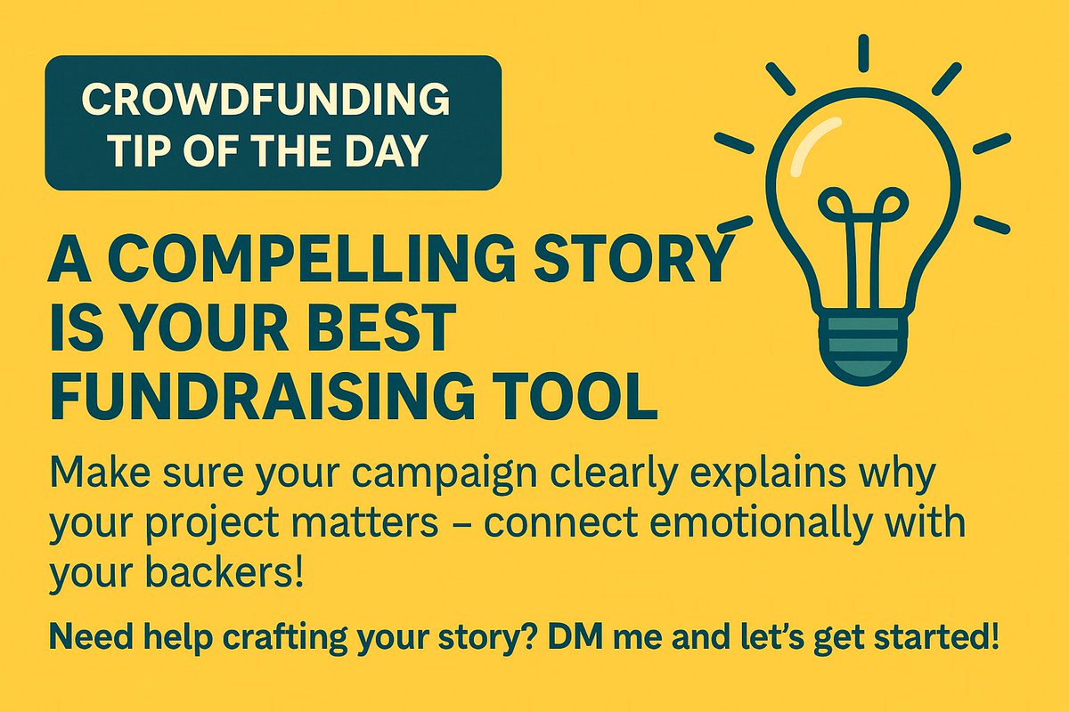 Geekyace1's tweet photo. Crowdfunding Tip of the Day:

A compelling story is your best fundraising tool. Make sure your campaign clearly explains why your project matters — connect emotionally with your backers!
Ready to tell your story and raise big? DM me now!

#crowdfunding #gofundme #campaigncreation https://t.co/JM9lD7IBsA