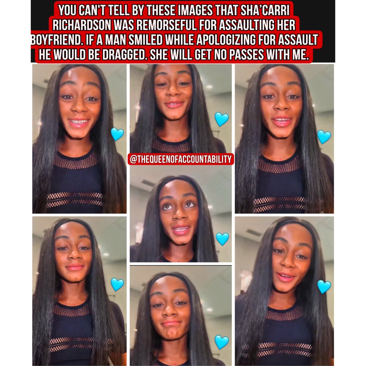 Would a man get away with smiling during an apology video for assaulting his girlfriend? No, he would be dragged, and no one would believe the apology. Sha’Carri Richardson smiled repeatedly while apologizing for assaulting her boyfriend, and I believe she will do it again. We
