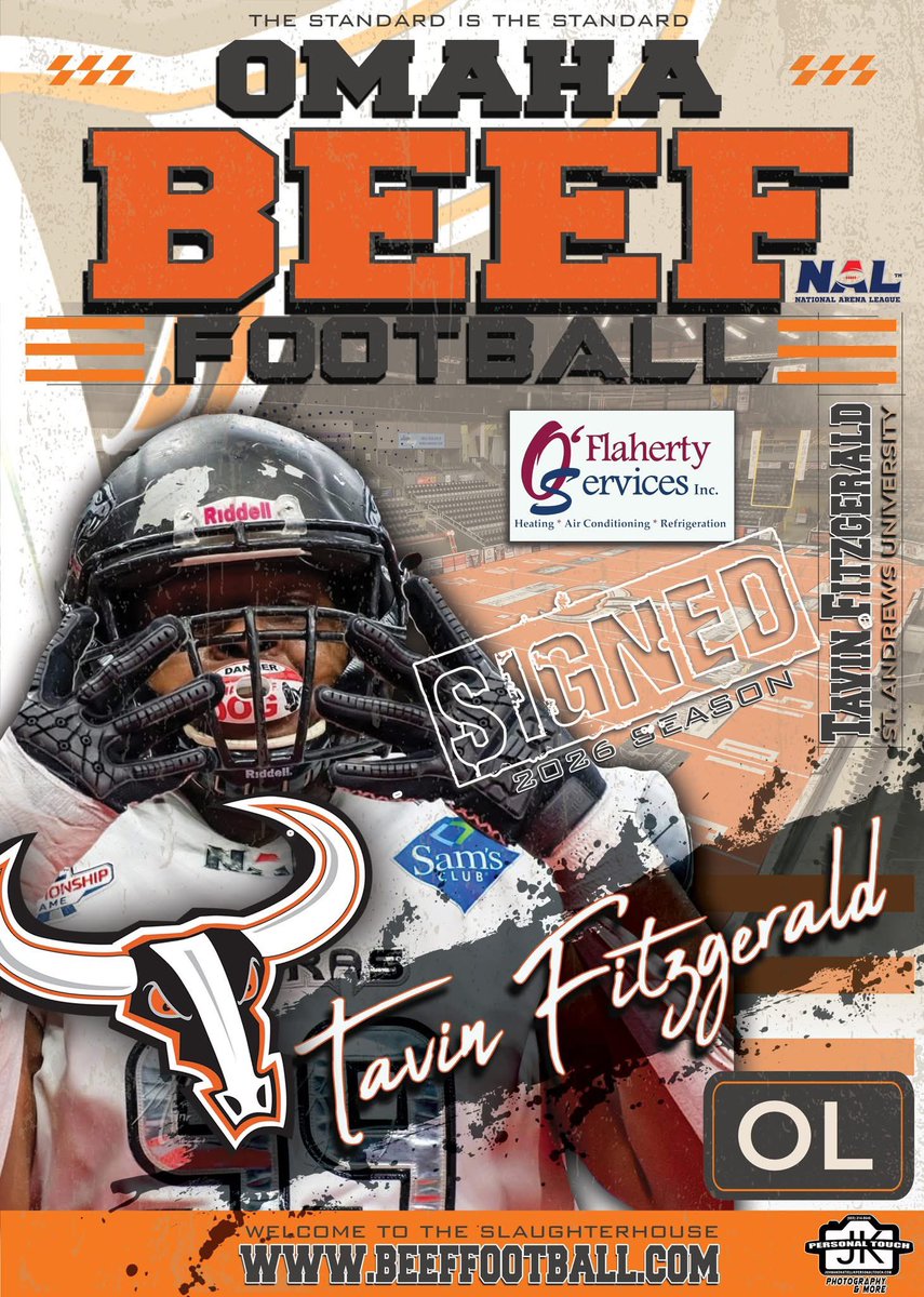 TheOmahaBeef's tweet photo. The Omaha Beef are excited to announce the next signing for the Omaha Beef. From St. Andrews University, standing at 6'4", 300 lbs, protecting the quarterback, welcome to the Slaughterhouse, Tavin Fitzgerald!
#GoBeef
#thestandardisthestandard
๐ธ๐ฅ : JK Personal Touch https://t.co/xIXyBg5uej