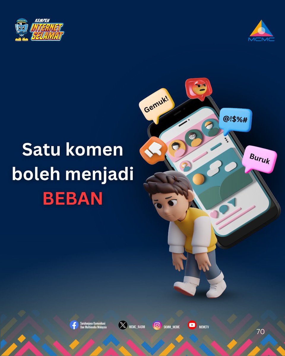 Buli siber meninggalkan luka yang tak nampak, tetapi sangat dalam. Tekanan, kesunyian, dan kesan mental boleh menghantui mangsa untuk jangka masa lama.

Setiap komen yang dilontar boleh menjadi beban emosi.

Hentikan buli siber sebelum ia memusnahkan hidup seseorang.

#MCMC