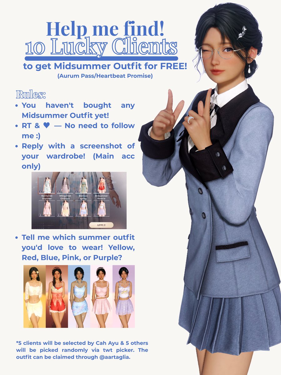 Hi, fashionista Cah Ayu is back! 🛍 

I'm looking for 10 gorgeous clients to receive a FREE midsummer outfit! ☀️ Please read carefully the rules before joining it! Ends this Friday, 15 August 2025, at 7 PM. Good luck!