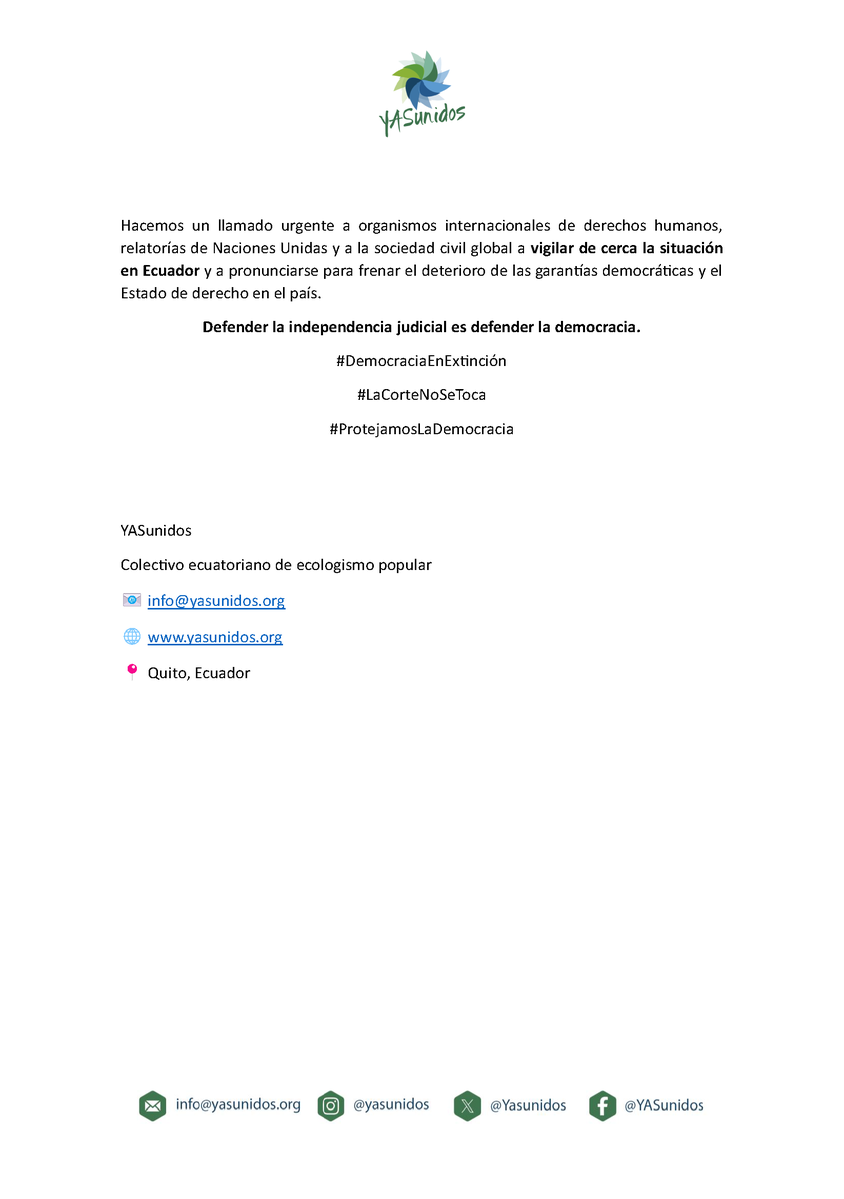 NotiMundo (@notimundoec) on Twitter photo #AHORA| El colectivo <a href="/Yasunidos/">YASunidos</a> emitió un comunicado donde advierte que en Ecuador la <a href="/CorteConstEcu/">Corte Constitucional</a> está siendo objeto de hostigamientos, militarización y amenazas por parte del gobierno de <a href="/DanielNoboaOk/">Daniel Noboa Azin</a>. #AHORA| El colectivo <a href="/Yasunidos/">YASunidos</a> emitió un comunicado donde advierte que en Ecuador la <a href="/CorteConstEcu/">Corte Constitucional</a> está siendo objeto de hostigamientos, militarización y amenazas por parte del gobierno de <a href="/DanielNoboaOk/">Daniel Noboa Azin</a>.