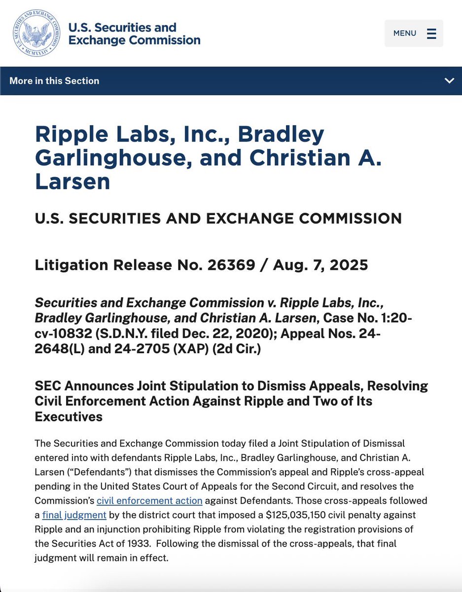 XRPcryptowolf's tweet photo. The SEC issued a Litigation Release announcing the resolution of the $XRP case against Ripple https://t.co/bIKNJVE2Dl