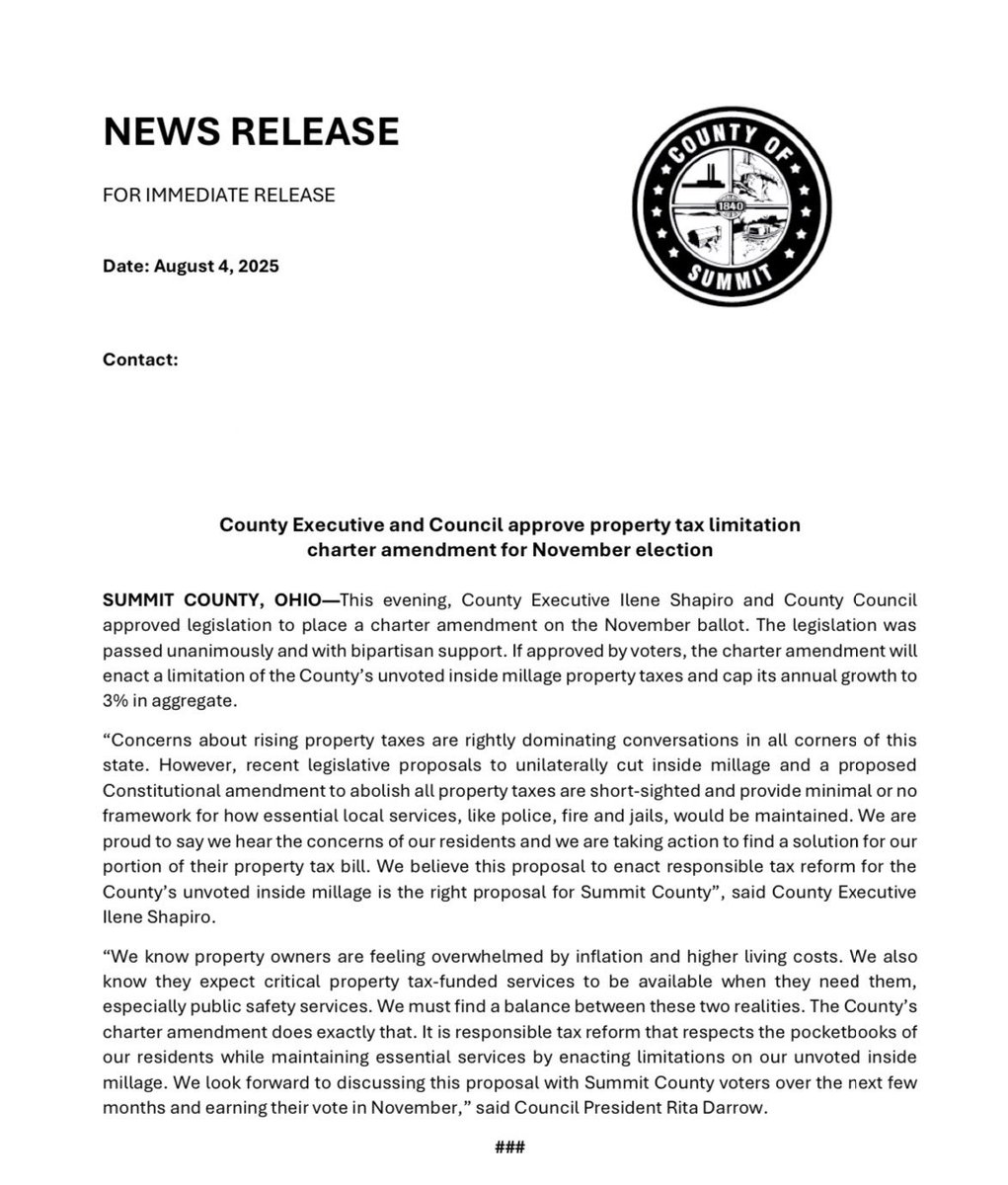 Summit County will ask voters in Nov to limit growth of the first 10 mills of property tax value that can be levied w/o a vote (“inside millage”) to 3%. It’s in response to a bill eliminating inside millage and a potential Ohio constitutional amendment to abolish property taxes