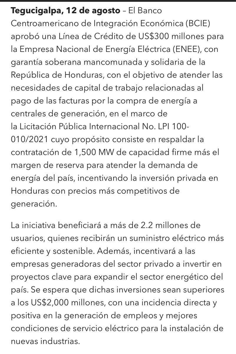 carbajal_tejada's tweet photo. Vayan al enlace del @BCIE_Org  donde narra la aprobación hoy, por parte de su directorio de la línea de crédito que fortalece el proceso Licitatorio de 1500 MW en Honduras. 

https://t.co/CGPG7XVsQQ https://t.co/tLSwwtVzQn