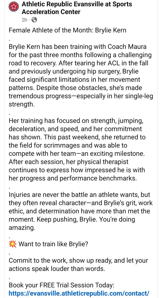 Athletic Republic helped me so much through my recovery. I can’t say enough about how much I love it. <a href="/ARepublicEV/">Athletic Republic Evansville @ Sports Acceleration</a>