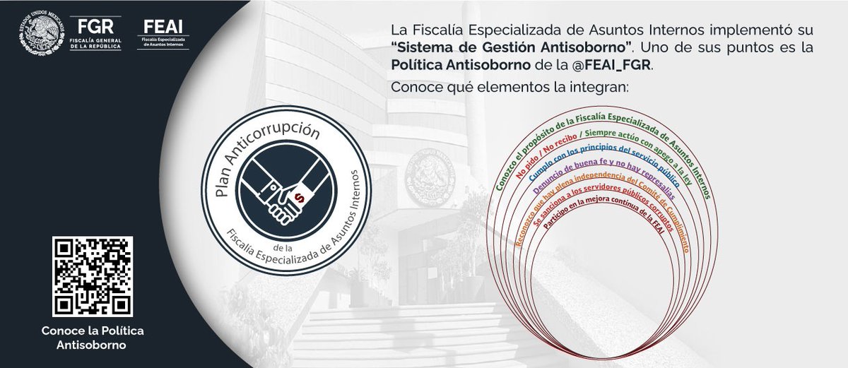 La Fiscalía Especializada de Asuntos Internos implementó su “Sistema de Gestión Antisoborno”. Uno de sus puntos es la Política Antisoborno de la <a href="/FEAI_FGR/">Fiscalía Especializada de Asuntos Internos (FEAI)</a>. Conoce qué elementos la integran.
