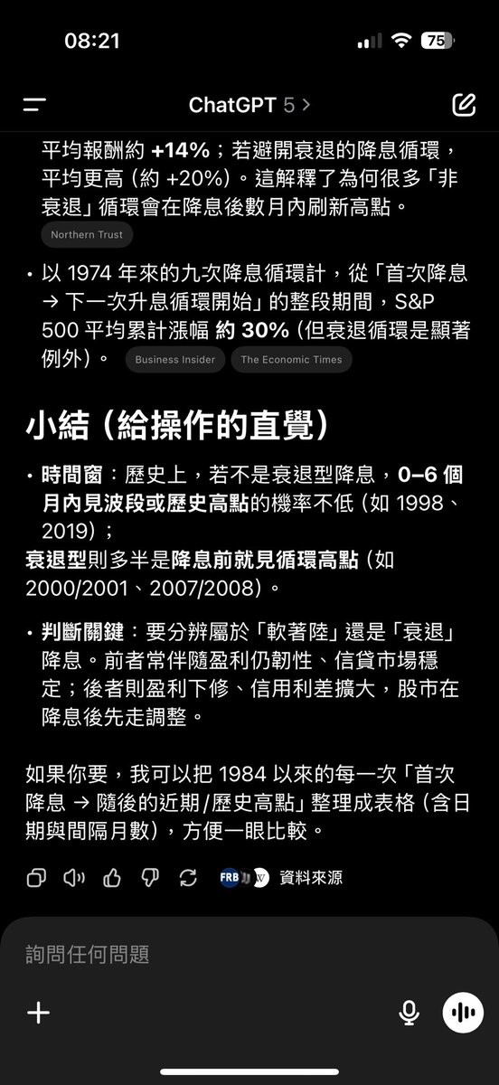 問了ChatGPT 如果開始降息，股市多久見高點，他的回覆是0-6個月。

所以自己目前的操作邏輯是，目前不要恐高，九月開始降息後，分批慢慢出場，最晚2026年3月前全部出場。