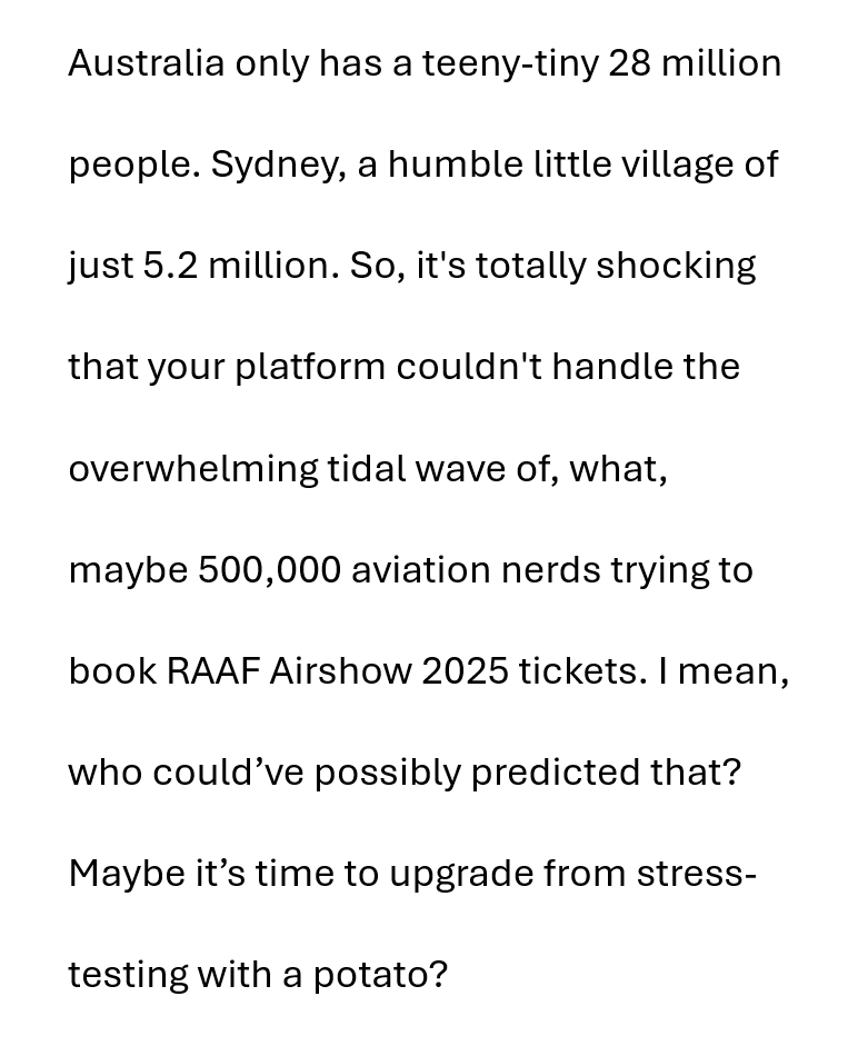 kotvir's tweet photo. Dear
@TryBooking

CC:@AusAirForce,@CAF_Australia,@RAAF_ACAUST,
@ASPC_Australia 

#RAAFRichmondAirshow2025
#RAAFRichmondAirshow https://t.co/1HwBxaH3f9
