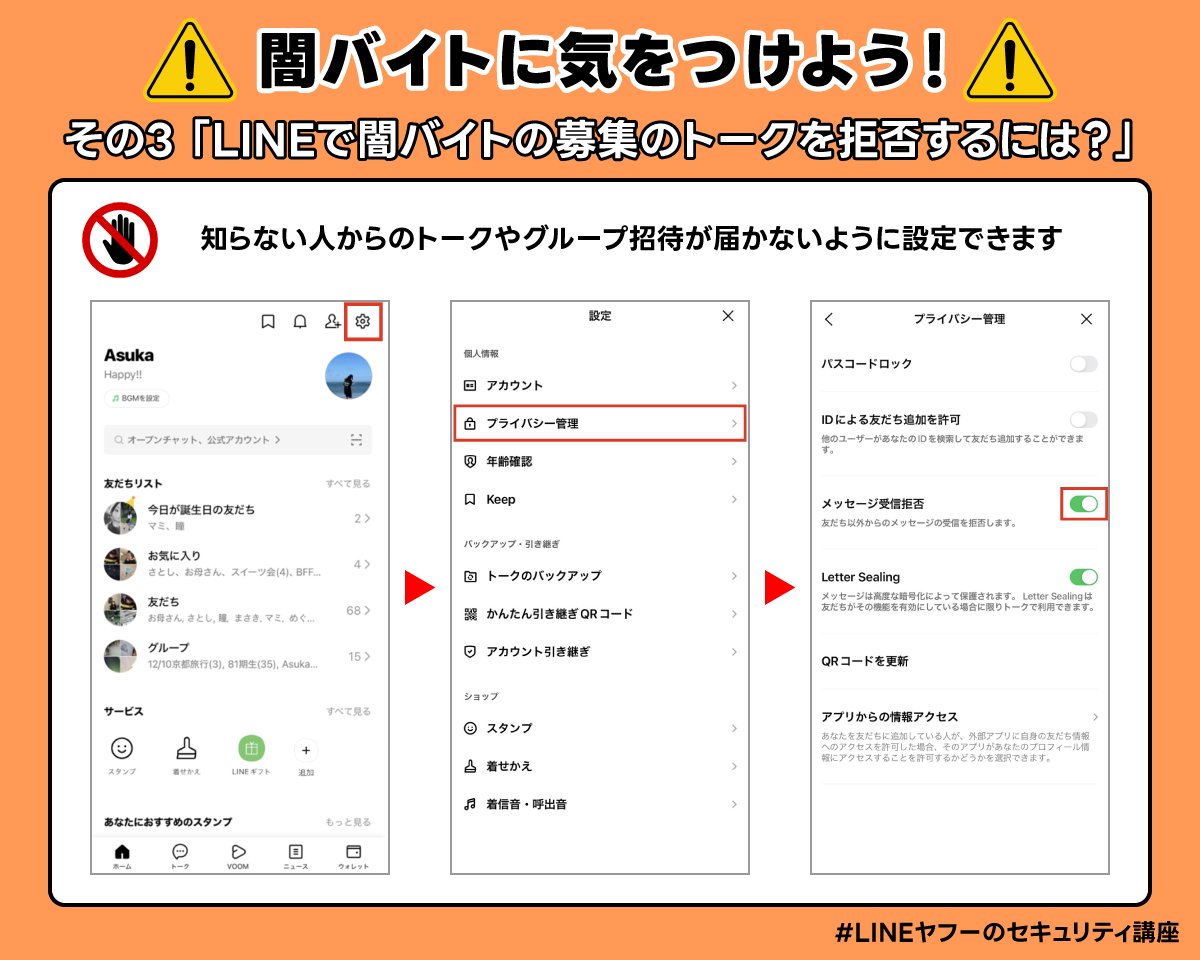 ◤　　闇バイトに気をつけよう！
③LINEで募集トークを拒否するには？◢

知らない人からのトークやグループ招待が届かないように設定できます。

🚨困ったことがあれば、身近な人や、警察相談専用窓口ダイヤル「9110」に相談を！