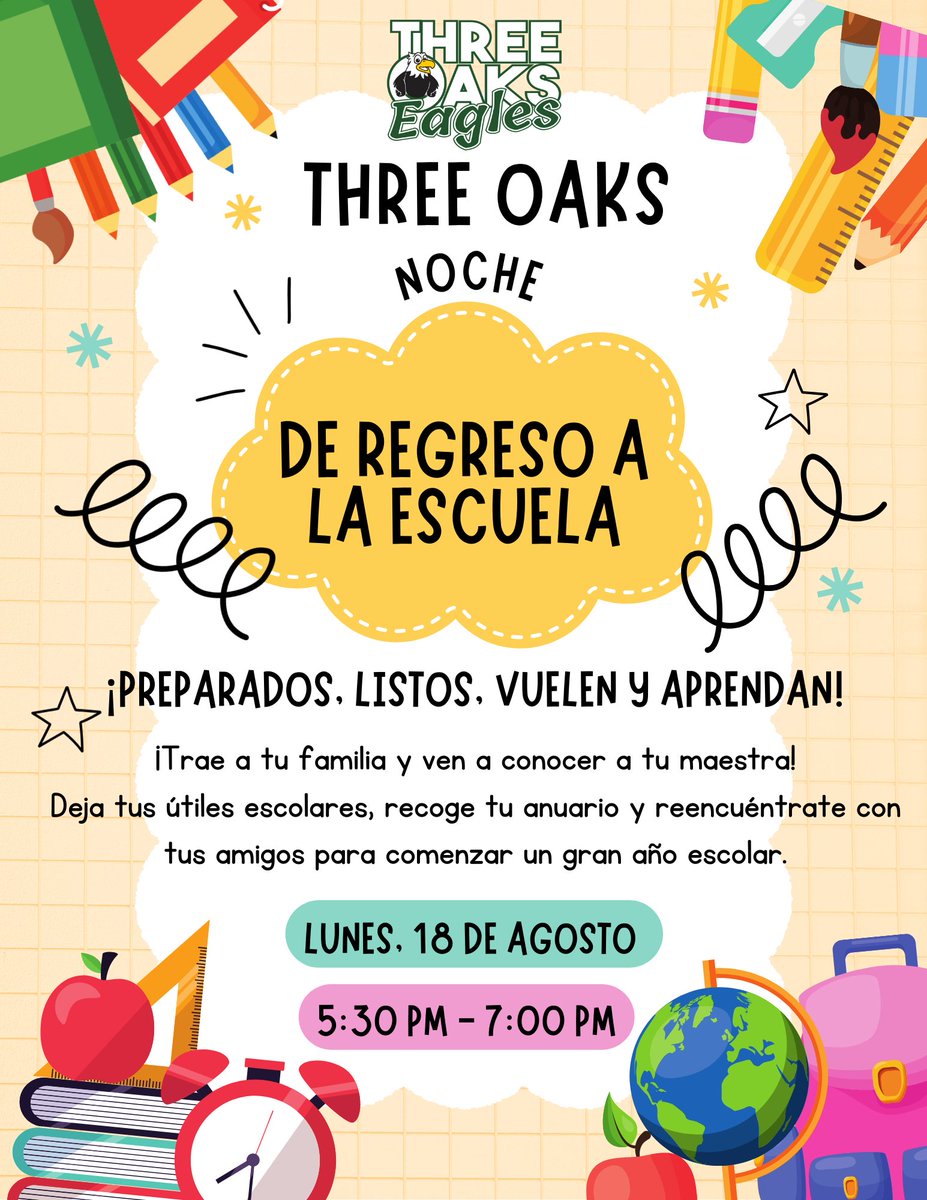 We can’t wait to welcome all our SOARing Eagles back home to Three Oaks! 🦅✨ ¡Estamos ansiosos por darles la bienvenida a todas nuestras Águilas en vuelo de regreso a Three Oaks! 🦅✨