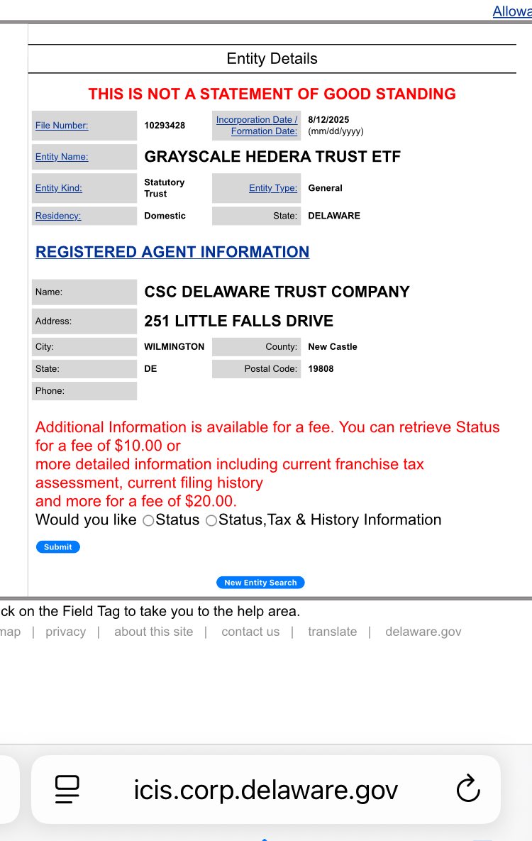 🚨 BREAKING: Grayscale Registers $HBAR ETF in Delaware. 

Looks like they’re getting ready for an approval sooner than later 👀