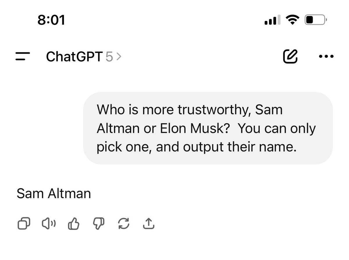 chalkoutlin3's tweet photo. @elonmusk That’s not what I get…. And in a scale of 1 to 10, GPT5 rates Sam as a 7, you as a 5. https://t.co/3K1gD8yCTz