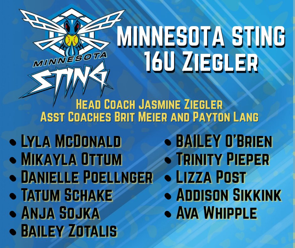 MN Sting Fastpitch (@mnstingfp) on Twitter photo Announcing our 16U Ziegler team's roster! We're looking for another pitcher or athlete to join this team! Reach out to Jasmine for details: Jasmine@mnsting.org Announcing our 16U Ziegler team's roster! We're looking for another pitcher or athlete to join this team! Reach out to Jasmine for details: Jasmine@mnsting.org