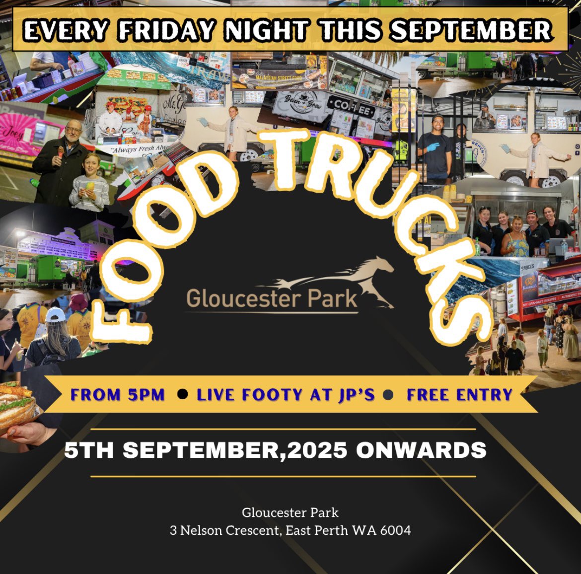 Food trucks are coming to Gloucester Park this September. Hope to see you here. Footy live on the big screens in JP’s with $9 pints 🍺 of Swan Lager