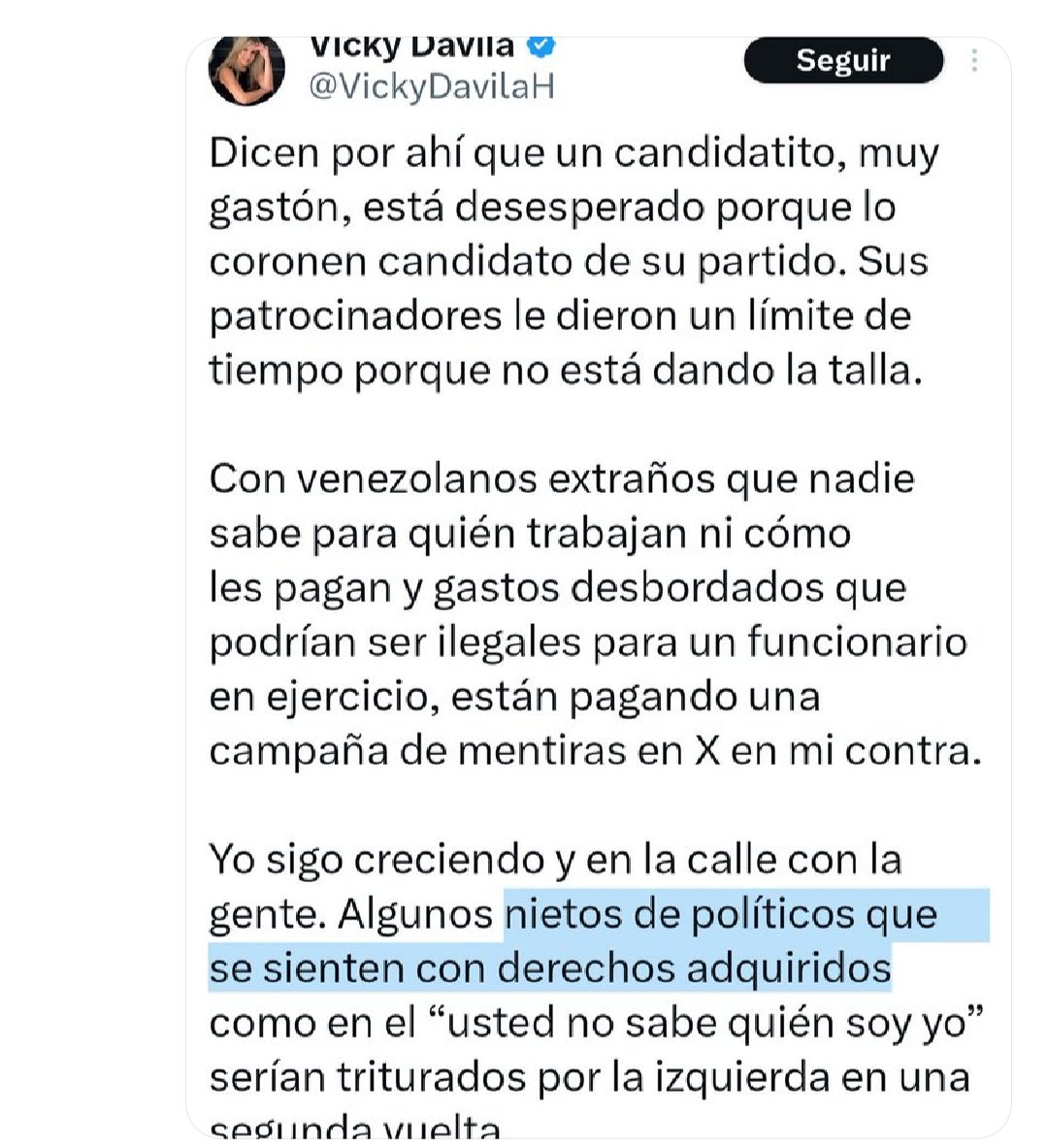 OBonillaGav's tweet photo. @VickyDavilaH Oiga "Valiente" carroñera y oportunista, deje de hacerse la moralmente superior cuando ha sido de lo peor que ha podido parir el periodismo y la política de este país. Y por si se le había olvidado, vuelvo a postear sus palabras hacia Miguel Uribe, nuera de narcos. https://t.co/RQxYlBwjoh