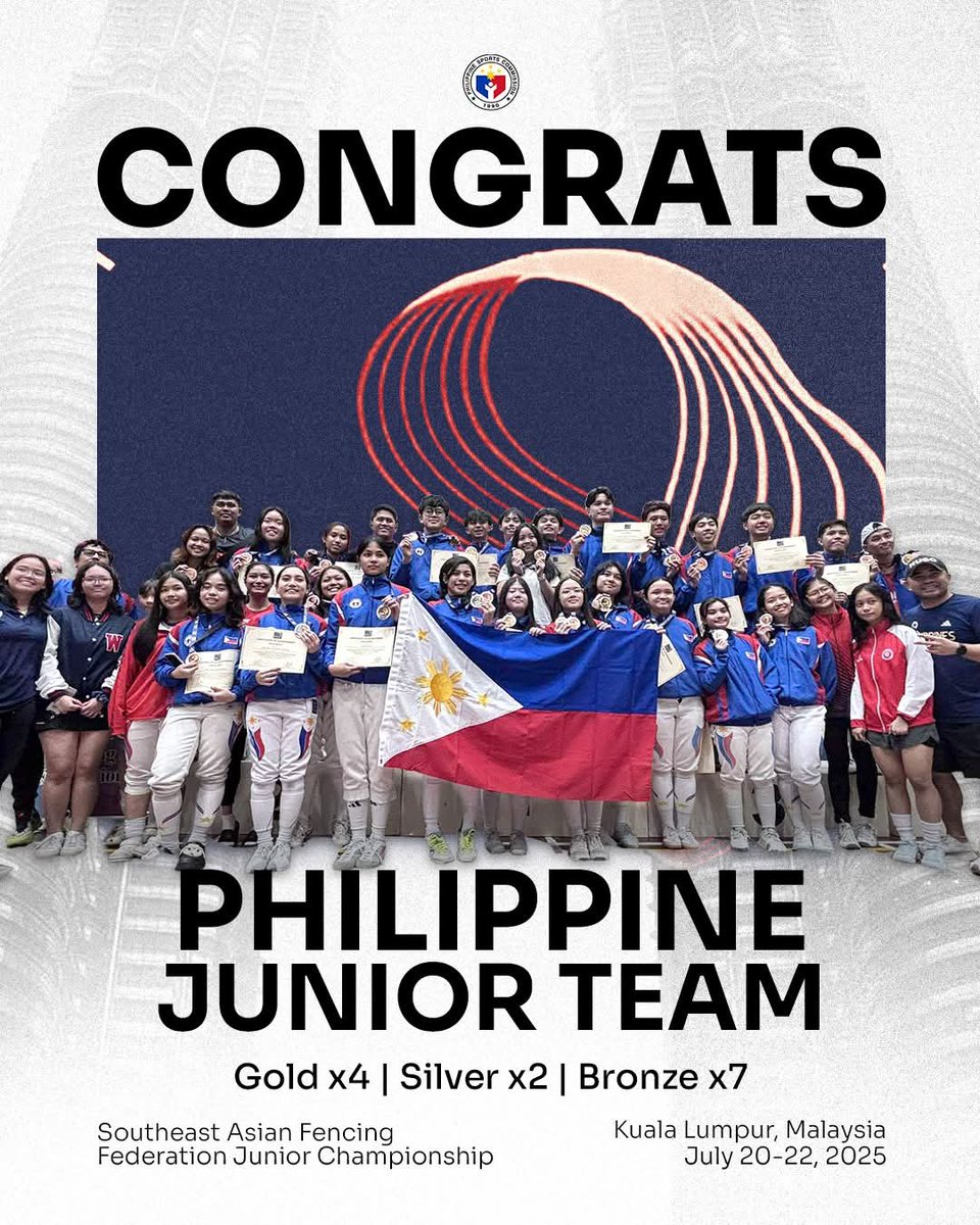 psc_gov's tweet image. 𝐓𝐡𝐞 𝐅𝐮𝐭𝐮𝐫𝐞 𝐢𝐬 𝐁𝐫𝐢𝐠𝐡𝐭 𝐟𝐨𝐫 𝐏𝐇 𝐅𝐞𝐧𝐜𝐢𝐧𝐠🌟🤺
The Filipino youth fencers showed excellence claiming notable finishes at the Southeast Asian Fencing Federation Minime and Junior Championship in Kuala Lumpur, Malaysia.
📷| Pilipinas Fencing
#HAPI