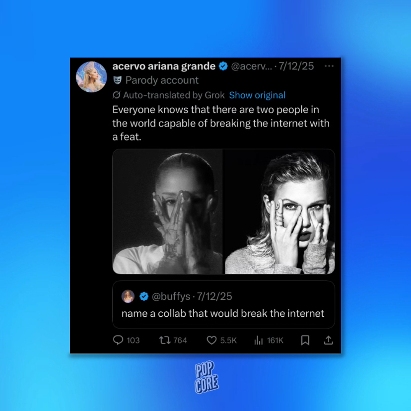 TheePopCore's tweet photo. Taylor Swift reportedly liked a tweet about herself and Ariana Grande, which said that a collaboration between the two would “break the internet”. https://t.co/kCZ7bhTaFW
