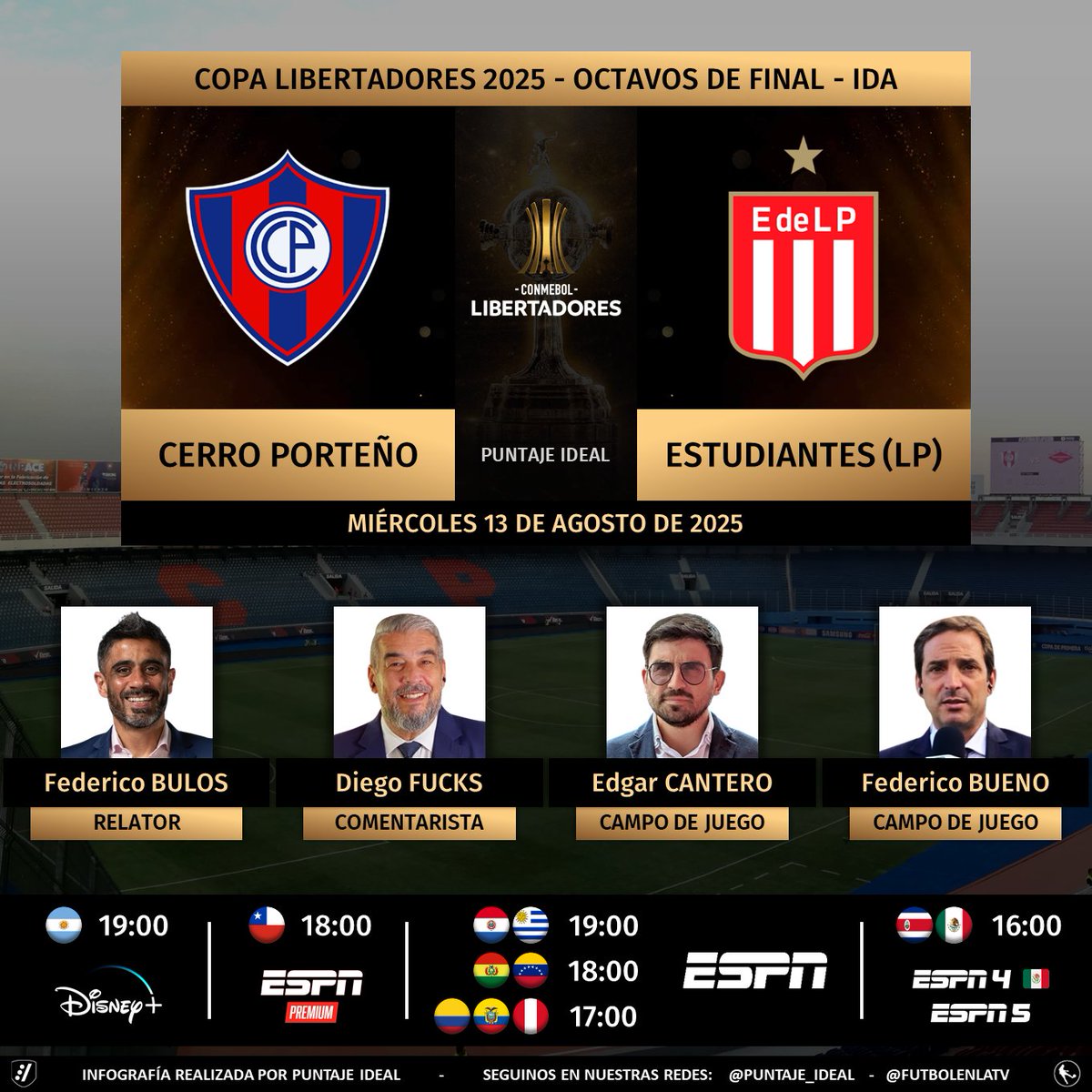 ⚽ #Libertadores | 🇵🇾 #CerroPorteño vs. #Estudiantes 🇦🇷
🎙 Relator: <a href="/federicobulos/">Federico Bulos</a>
🎙 Comentarista: <a href="/ChavoFuchs/">Diego “Chavo” Fucks</a>
🎙 CdJ: <a href="/DonCantero/">Edgar Cantero</a> - <a href="/FedeBueno73/">Federico Bueno</a>
📺 #ESPNPremium 🇨🇱
📺 #ESPN Sudamérica (❌🇦🇷🇨🇱)
📺 #ESPN4 🇲🇽 // #ESPN5 Centro
💻📱 <a href="/disneyplusla/">Disney+ Latinoamérica</a>
🤳 #LIBERTADORESxESPN 
Dale RT 🔃