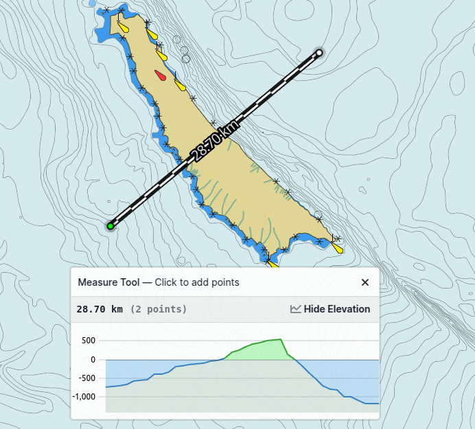 Easy access to nautical chart data unlocks hyper-relevant, hyper-local experiences — for example, this measurement tool which plots an elevation profile underneath a path
