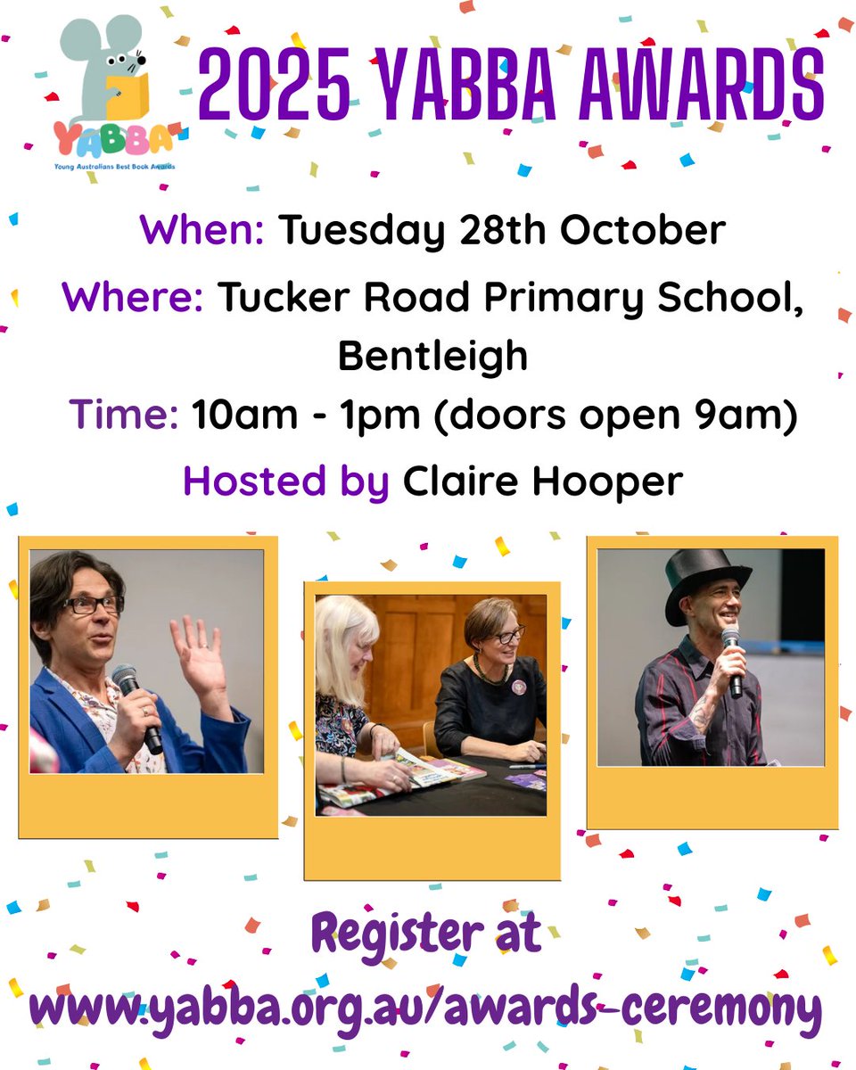 BOOK NOW for the 2025 YABBA Awards Ceremony. Register at yabba.org.au/awards-ceremony Join us for a fun-filled day at Tucker Road Primary School on Tuesday 28th October. The winning books will be announced and Australian authors and illustrators will be in attendance.