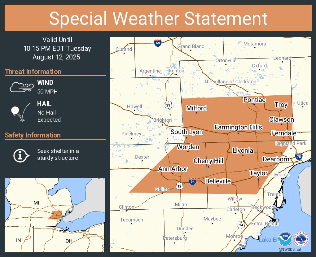 A special weather statement has been issued for Ann Arbor MI, Dearborn MI and  Livonia MI until 10:15 PM EDT