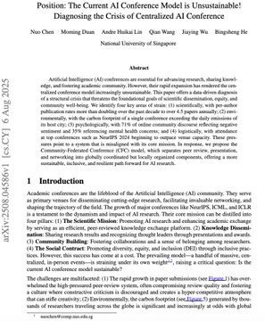 NuoJohnChen's tweet photo. Paper:  https://t.co/oaGWaJdfZC

The Current AI Conference Model is Unsustainable! We analyze the phenomena of conflicts between AI conferences and their core values as follows, and conclude with our solution and a call to action. 

· Publication Surge: Per-author publication rates have more than doubled over the past decade to over 4.5 papers annually. 

·  Exponential Output Growth: Individual contributions are increasing at an accelerating rate, leading to unsustainable publication demands.

·  Carbon Overload: NeurIPS 2024’s carbon emissions (>8,254 tCO₂e) alone surpass Vancouver’s daily citywide footprint. 

·  Mental Health Toll: Of 405 Reddit threads on AI conferences, over 71% are negative and 35% mention mental-health concerns. 

·  Research-Conference Mismatch: The AI research lifecycle outpaces conference schedules, often rendering results outdated before presentation. 

· Venue Capacity Crisis: Attendance at top AI conferences like NeurIPS 2024 is already outstripping available venue space.