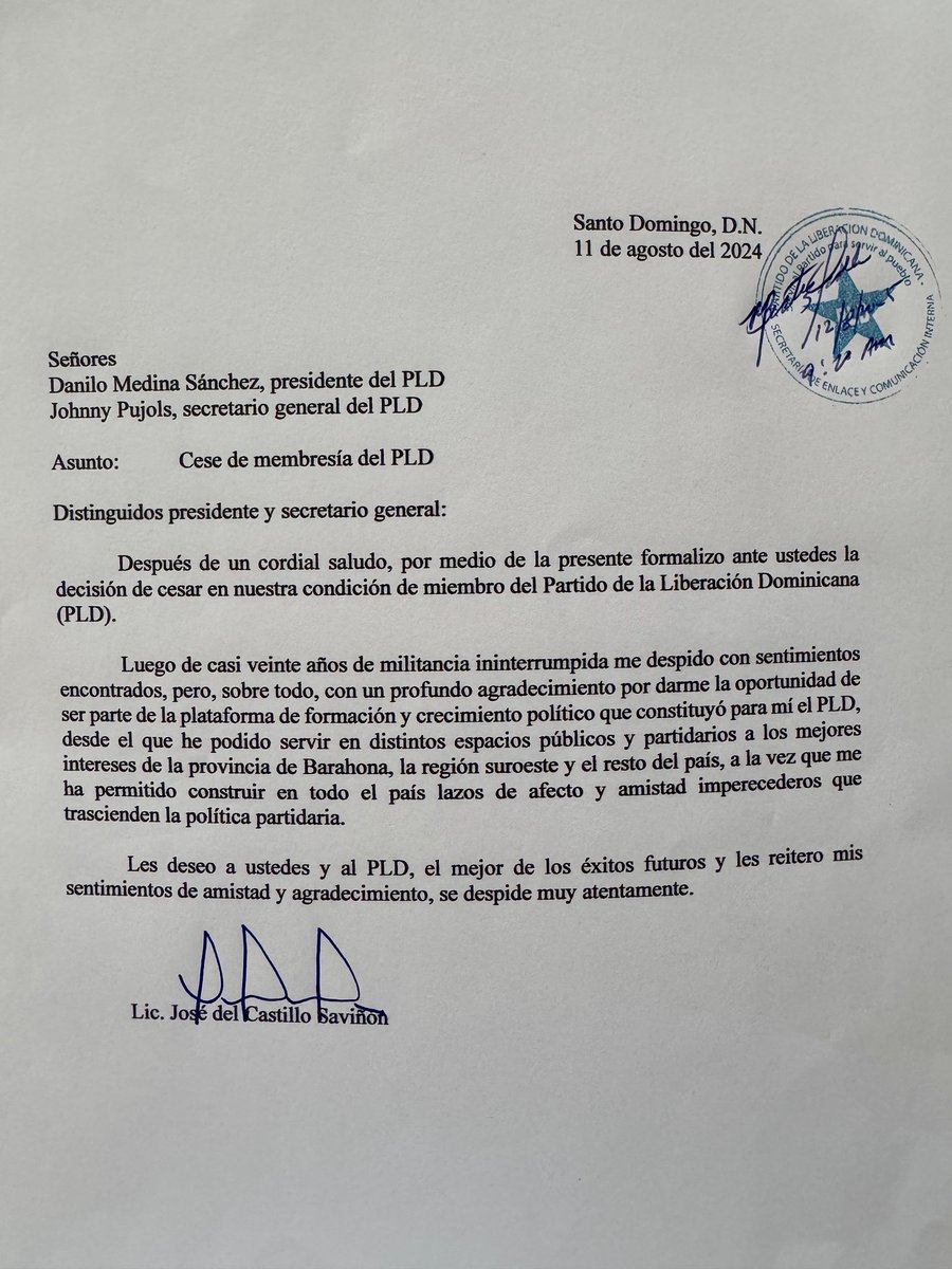 #Ahora |
Renuncia del PLD el ex senador José  Del Castillo Saviñon. #FPComunica
