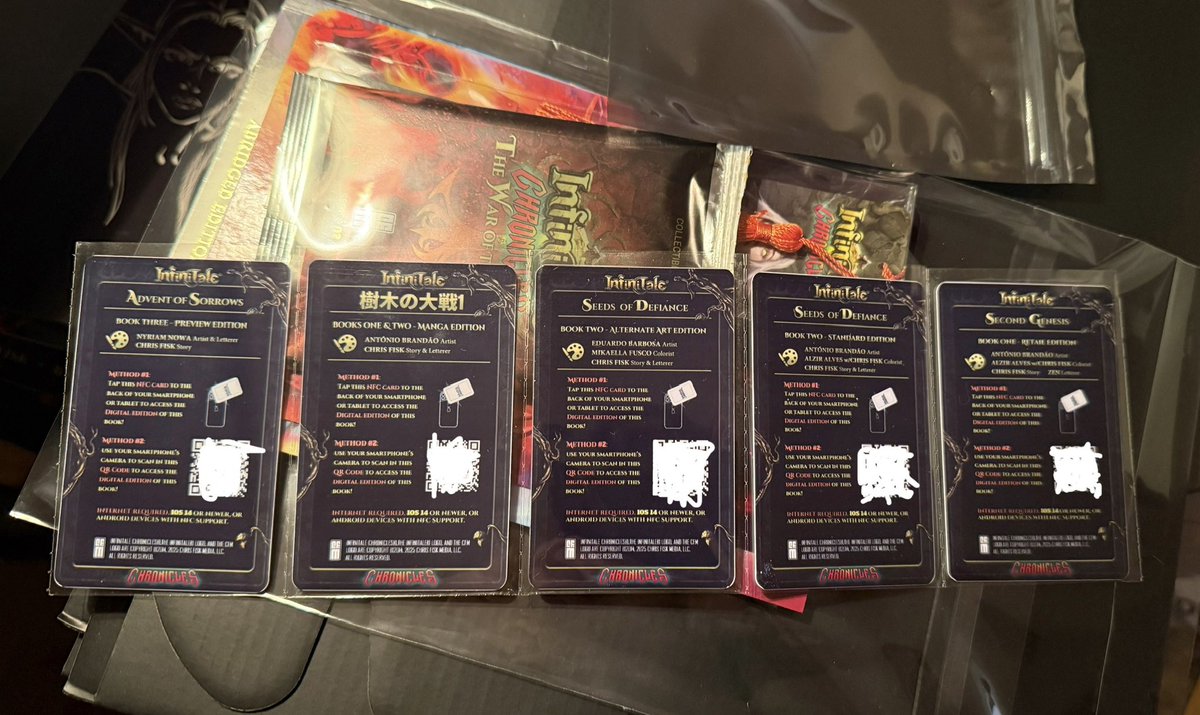 Digital media, meet physical media!

Backers of INFINITALE CHRONICLES #2 that backed digital and physical perks together receive these cool QR Code/NFC-enabled cards to redeem their Digital Editions (in addition to the links already provided via email).

The images below display