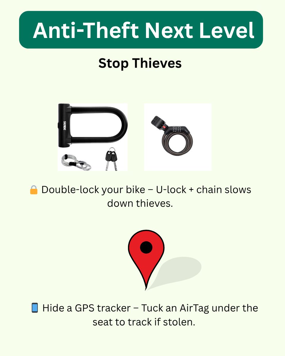 ainohot's tweet image. Easy Maintenance Checks
📷 Tire pressure 
📷 Brakes 
📷 Battery contacts

Stop Thieves
📷 Double-lock your bike 
📷 Hide a GPS tracker 

#EBikeTips #BatteryCare #RideSafe #AINOHOUS #ainiohotterra #removablebattery #ECOLIFE