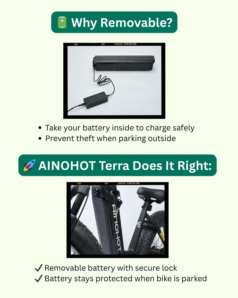 ainohot's tweet image. Easy Maintenance Checks
📷 Tire pressure 
📷 Brakes 
📷 Battery contacts

Stop Thieves
📷 Double-lock your bike 
📷 Hide a GPS tracker 

#EBikeTips #BatteryCare #RideSafe #AINOHOUS #ainiohotterra #removablebattery #ECOLIFE