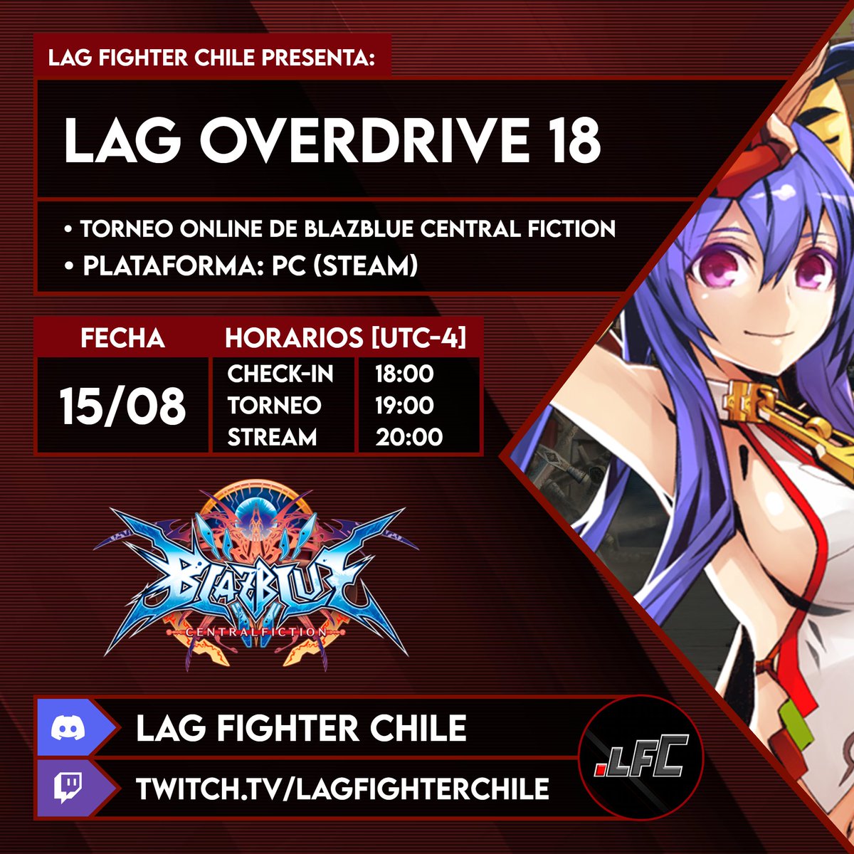 lagfightercl's tweet image. Inscripciones: lagfighterchile.challonge.com/lagoverdrive18

Para agregar a los torneos de esta semana este VIERNES toca el regreso de CF a LFC con una nueva edición del Lag Overdrive, torneo de BlazBlue Central Fiction.

Los invito a que se sumen al bracket o a compartir el torneo con más gente ✌️