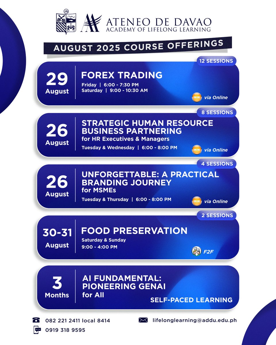 Ateneo de Davao (@addu_official) on Twitter photo Announcement No. ADD-ALL-2025-0008
12 August 2025
MEMO TO: UNIVERSITY COMMUNITY
FROM: Ateneo de Davao Academy of Lifelong Learning
RE: AUGUST LINEUP OF COURSES
Full: facebook.com/ateneo.dedavao…
For more details, call 2212411 loc 8414 or email courses.lifelonglearning@addu.edu.ph. Announcement No. ADD-ALL-2025-0008
12 August 2025
MEMO TO: UNIVERSITY COMMUNITY
FROM: Ateneo de Davao Academy of Lifelong Learning
RE: AUGUST LINEUP OF COURSES
Full: facebook.com/ateneo.dedavao…
For more details, call 2212411 loc 8414 or email courses.lifelonglearning@addu.edu.ph.