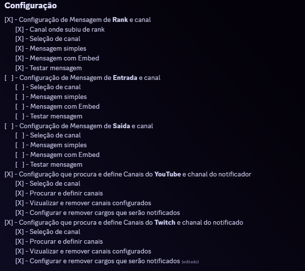 CoguWell's tweet photo. Sobre meu bot Discord, CoguBot

Log com mensagem personalizado de entrada e saida de usuários no servidor e cargo automatico. Próxima funcionalidade está em progresso.

Os comandos de configuração do notificador de vídeos do YouTube e lives da Twitch estão funcionando perfeitamente. Fiquei muito tempo plindo alguns sistemas de segurança, logs e funcionalidades do bot

#discord #discordbot