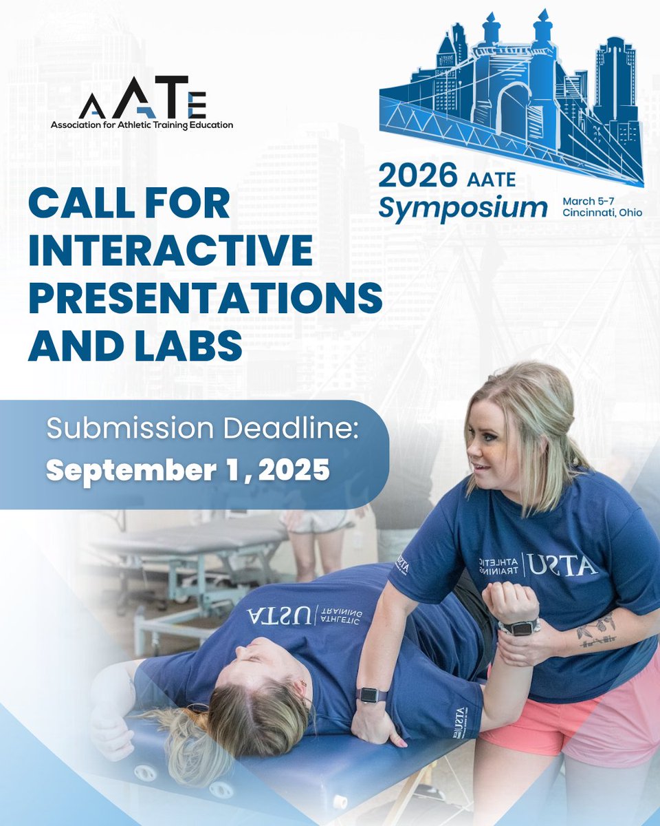AssocATEdu's tweet photo. Submit your interactive presentation or lab idea for the 2026 AATE Symposium, March 5–7 in Cincinnati. Shape the conversation, expand your reach, and inspire peers. 

Deadline: Sept 1. 

Submit: https://t.co/NC2ImdQveO

📸ATSU

#AthleticTraining #ATEducation #Presentation #Lab https://t.co/YoybxfEkPO