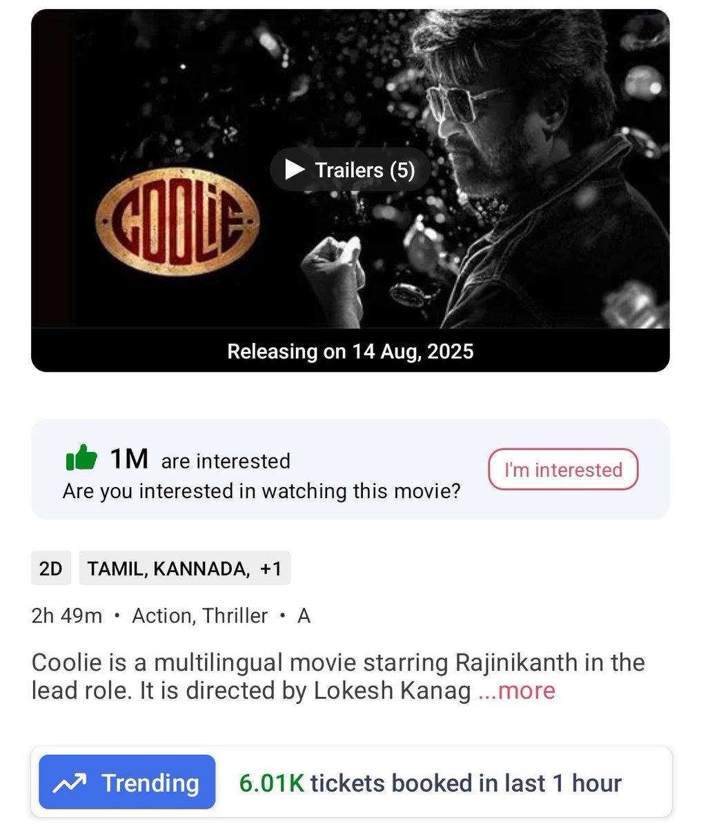 filmy_view's tweet photo. #Coolie Excellent Start 👌🏻
6-7am
Tickets sold on BMS- 6010 https://t.co/50TuemUqSx