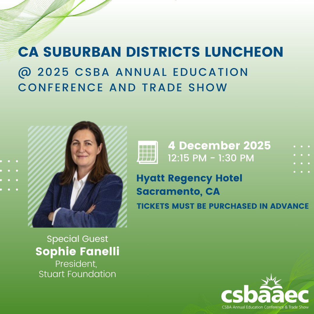 Join us Dec 4 at the CA Suburban Districts Luncheon during the <a href="/CSBA_Now/">CSBA</a> Annual Education Conference #CSBA2025. Join colleagues and special guests <a href="/AsmDarshana/">Dr. Darshana Patel</a> &amp; <a href="/Stuart_FND/">Stuart Foundation</a> President, <a href="/sophiefanelli/">Sophie Fanelli</a>. This is a ticketed event. Get your tix at  aec.csba.org/meal-functions/