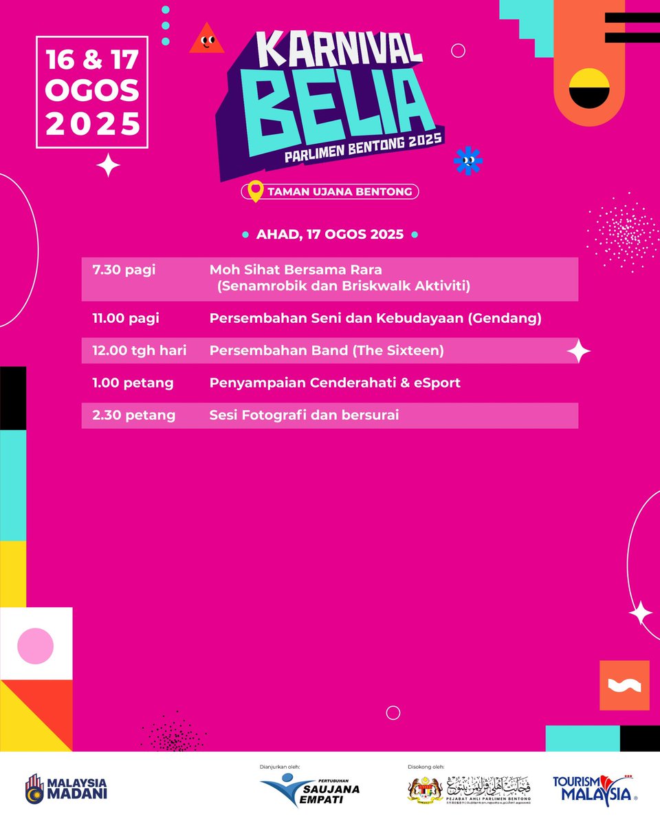 youngsyefura's tweet photo. 1/3

Warga Bentong!

Karnival Belia Parlimen Bentong 2025 akan berlangsung pada hujung minggu ini di Taman Ujana Bentong, Pahang.

Pelbagai program dan aktiviti akan diadakan khas untuk semua pengunjung yang hadir seperti ;

❗️Karnival Kerjaya (MyFutureJobs)
❗️Konsert Malam Patah Hati @ Galau
❗️Fiesta Makanan & Usahawan Hub
❗️Reruai Jabatan & Agensi Kerajaan 
❗️Bengkel & Persembahan seni dan kebudayaan
❗️Himpunan seni pertahanan diri
❗️Moh Sihat bersama Rara
❗️E-Sukan Hub
❗️Kopi Hub
❗️Pocket Hub (Bengkel seni dan kerjaya)
❗️Kaunter semakan & pembayaran saman PDRM (50% diskaun)*
❗️Cabutan bertuah

Saya juga nak belanja warga Bentong kupon percuma bernilai RM10 untuk 250 pengunjung terawal untuk Sabtu dan Ahad ini. Kupon ni boleh dibelanjakan di tapak Fiesta Makanan kami nanti.

Jangan lepaskan peluang moh datang beramai-ramai kita jumpa hujung minggu ni ok!

#BentongKita
#KarnivalBeliaBentong2025