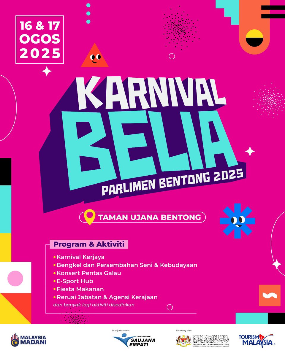 youngsyefura's tweet photo. 1/3

Warga Bentong!

Karnival Belia Parlimen Bentong 2025 akan berlangsung pada hujung minggu ini di Taman Ujana Bentong, Pahang.

Pelbagai program dan aktiviti akan diadakan khas untuk semua pengunjung yang hadir seperti ;

❗️Karnival Kerjaya (MyFutureJobs)
❗️Konsert Malam Patah Hati @ Galau
❗️Fiesta Makanan & Usahawan Hub
❗️Reruai Jabatan & Agensi Kerajaan 
❗️Bengkel & Persembahan seni dan kebudayaan
❗️Himpunan seni pertahanan diri
❗️Moh Sihat bersama Rara
❗️E-Sukan Hub
❗️Kopi Hub
❗️Pocket Hub (Bengkel seni dan kerjaya)
❗️Kaunter semakan & pembayaran saman PDRM (50% diskaun)*
❗️Cabutan bertuah

Saya juga nak belanja warga Bentong kupon percuma bernilai RM10 untuk 250 pengunjung terawal untuk Sabtu dan Ahad ini. Kupon ni boleh dibelanjakan di tapak Fiesta Makanan kami nanti.

Jangan lepaskan peluang moh datang beramai-ramai kita jumpa hujung minggu ni ok!

#BentongKita
#KarnivalBeliaBentong2025