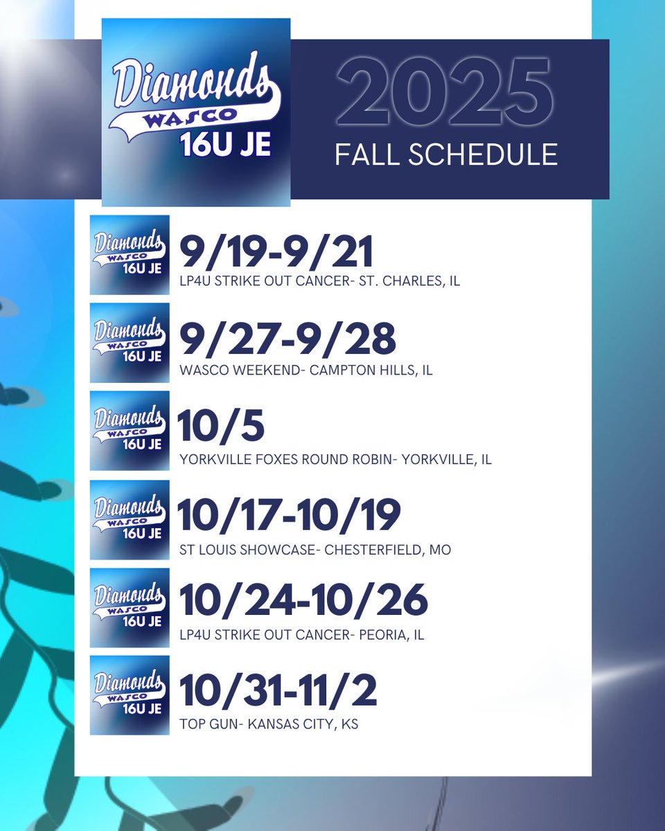 Wasco Diamonds 14UJE (@wd14uje) on Twitter photo Fall 2025 schedule is here! Looking forward to another fun year with the best group to be apart of 💎 <a href="/WascoDiamonds/">Wasco Diamonds</a> Fall 2025 schedule is here! Looking forward to another fun year with the best group to be apart of 💎 <a href="/WascoDiamonds/">Wasco Diamonds</a>