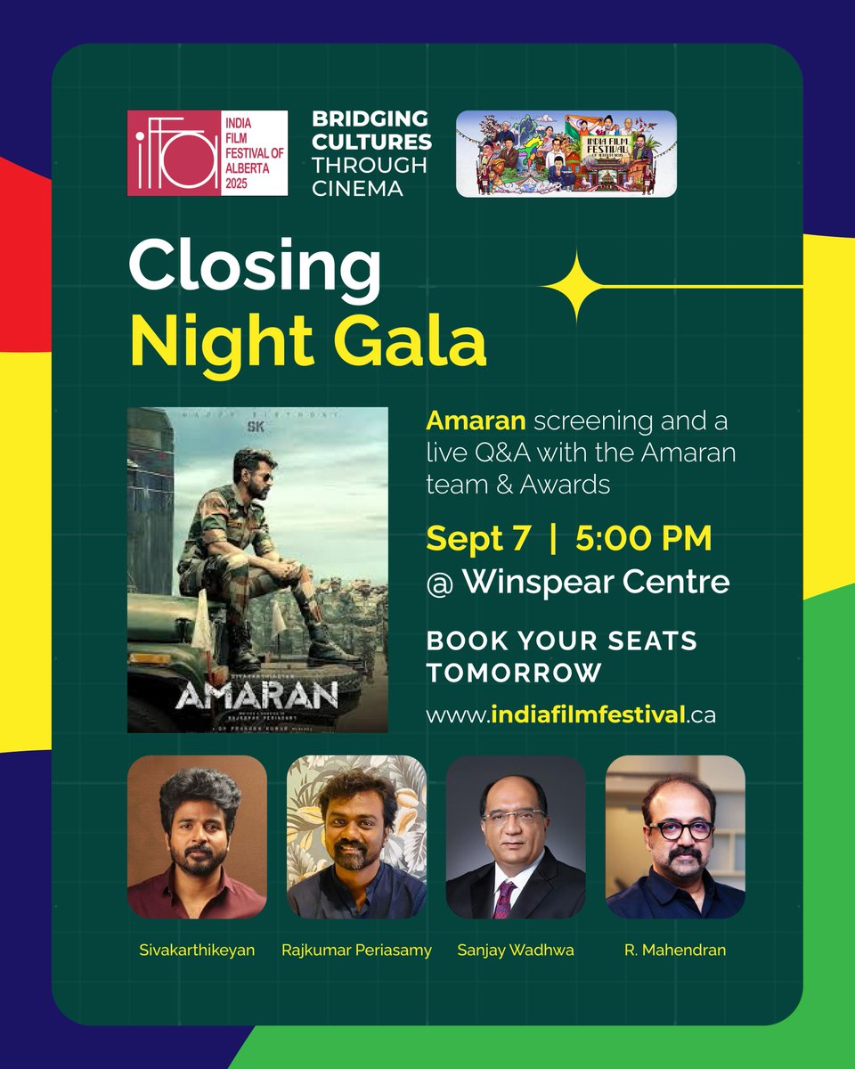 Announcing the IFFA Closing Gala! On Sept 7, see the blockbuster Tamil film  AMARAN and a Q&A with Sivakarthikeyan, Sanjay Wadhwa, R. Mahendran, and  Rajkumar Periasamy. Tickets to the Closing Gala event