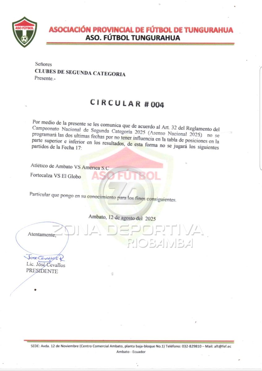 roldan_jimmy's tweet image. #AscensoTUNGURAHUA
¡FECHAS UNIFICADAS!
#FaseProvincial

La Asociación de Fútbol Profesional de Tungurahua #AFPT, emite #COMUNICADOS, para dar a conocer fechas a no jugarse, y partidos unificados en las ultimas jornadas.

@Segunda_Ec
Informa: #JimmyRoldán
Zona Deportiva Riobamba