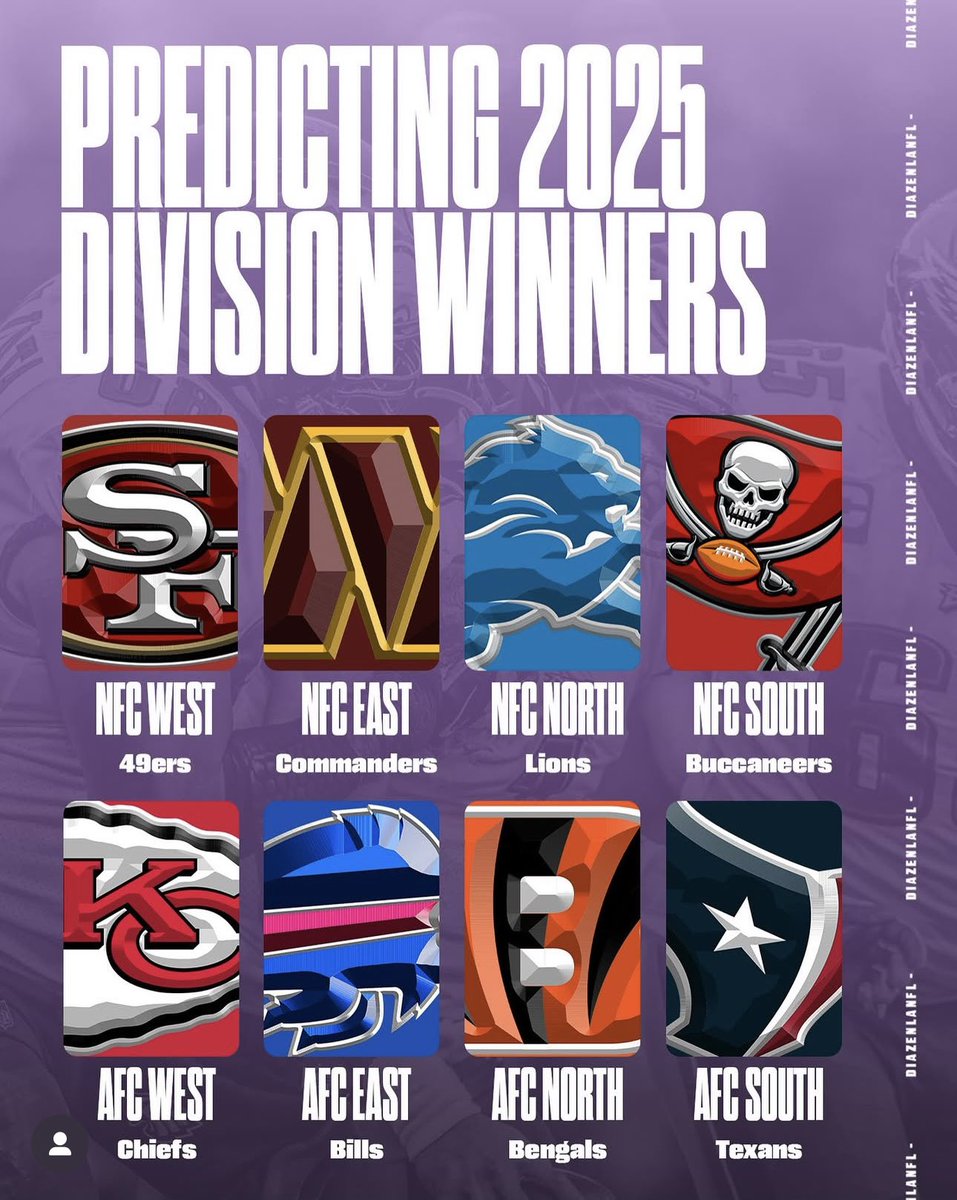 jasrifootball's tweet photo. Predicting 2025 division winners, according to @diazenlanfl 

What would you change? https://t.co/9HDMLZAzUf