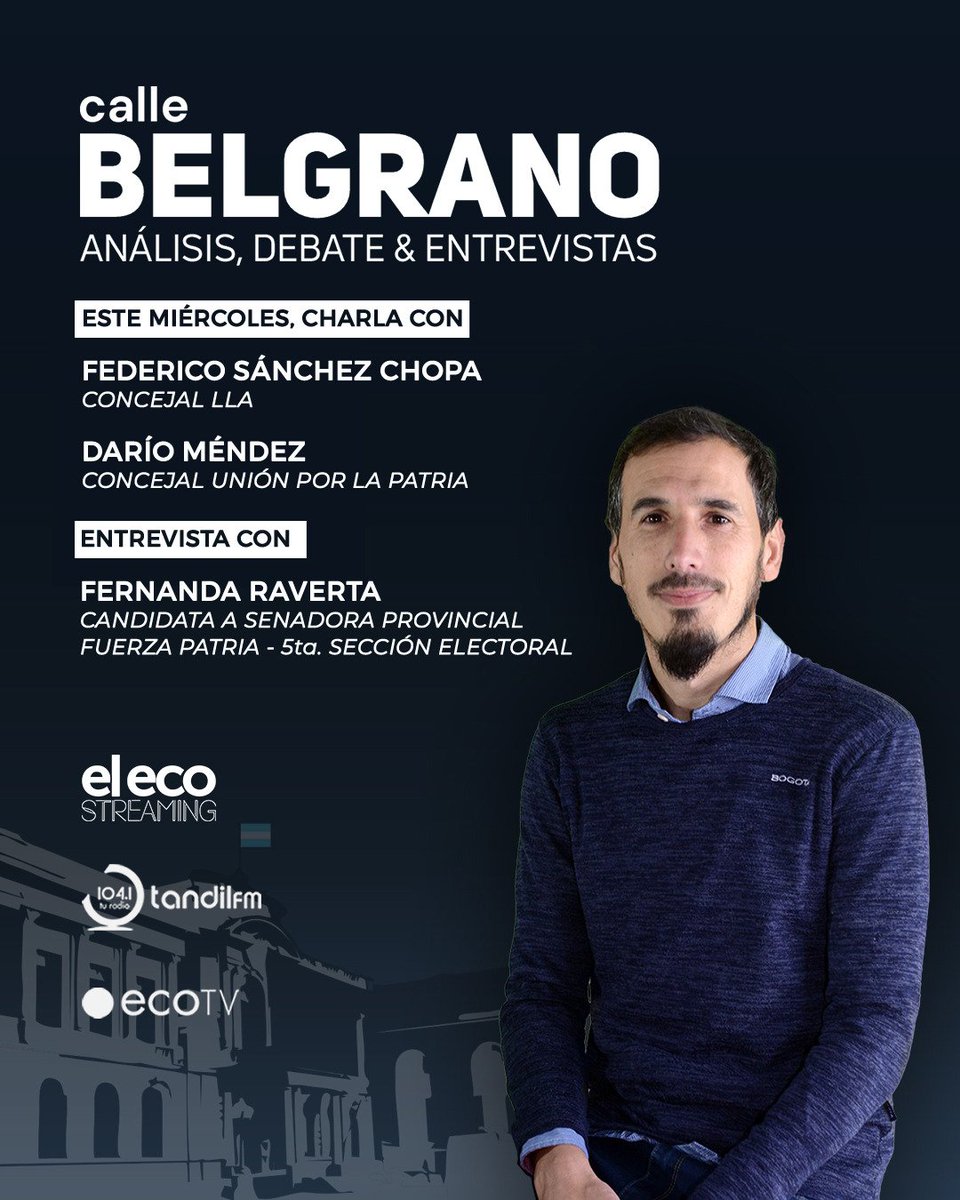 🎙️📻 Este miércoles, en el #02 de #CalleBelgrano, compartiremos mesa de intercambio con <a href="/DaroMendez15/">Darío Mendez</a> y <a href="/fico_tandil/">Federico Sánchez🐕🐈🐎🐂🐖🐥</a> 
También hablaremos con <a href="/FerRaverta/">Fernanda Raverta</a> 
🔗 Desde las 16, por El Eco > youtube.com/@elecostreamin…